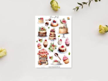 Preview: 3 Süßigkeiten Stickerbogen Bundle – Köstliche Desserts & Kuchen Preview: Stickerbogen mit verschiedenen handgezeichneten Dessertmotiven, darunter mehrstöckige Torten, Cupcakes, Eistüten und eine bunte Vitrine voller süßer Leckereien. Die Sticker sind mit feinen Details und Blumenverzierungen gestaltet, perfekt für kreative Bas